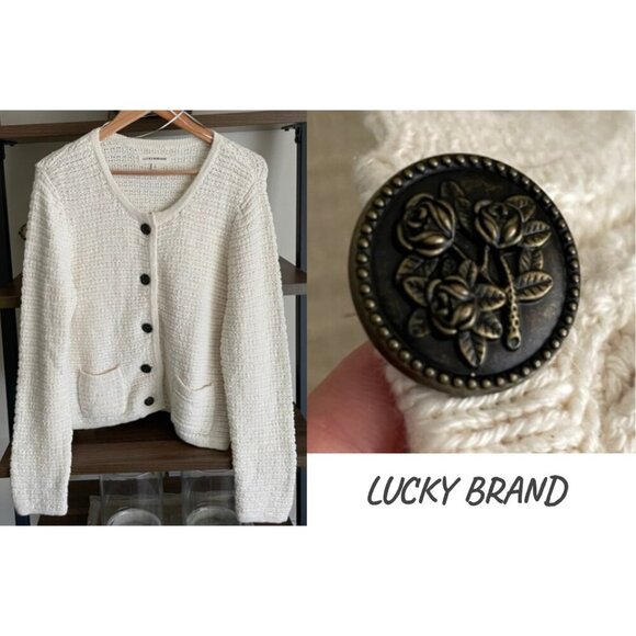 Lucky Brand Knit Cardigan with Floral Etched Buttons, Size L - Picture 1 of 14